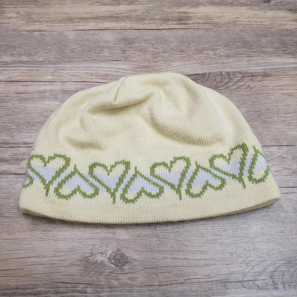 Schuessler Knit Cap Beanie Hat Yellow Green Heart Pattern OS Womens Stretch